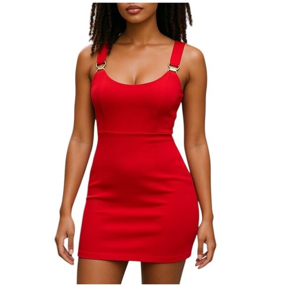 ROW A Red Bodycon Mini Dress Womens Large Gold Buckle Cocktail PArty - Picture 3 of 16